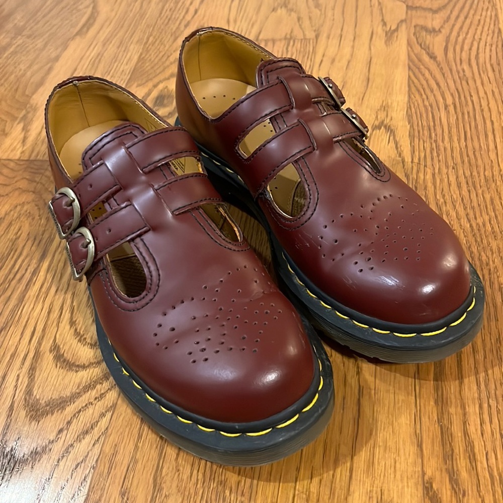 Dr. Martens Mary Janes in red/burgundy. Size 8 US, 6 UK, 39 EU.